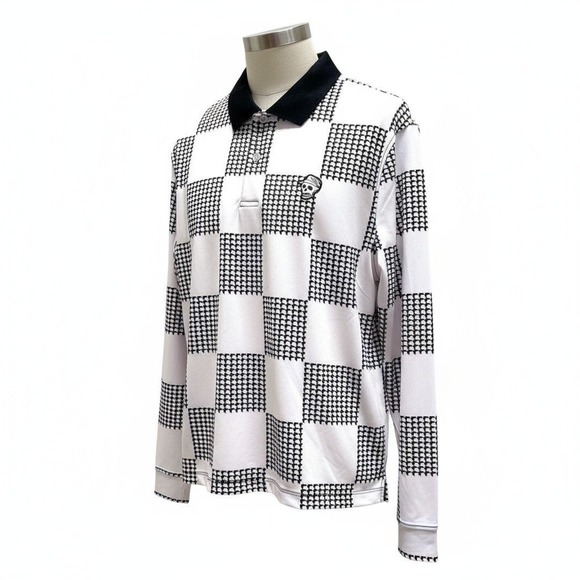 Devereux Golf Shirt Men's Small Skull Logo Long Sleeve Polo Black White Check - Picture 2 of 15